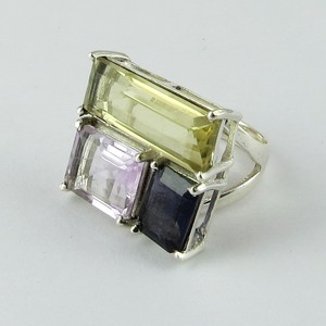 Belleza Salvaje! Anillos Cuadrados de Iolita, Amatista y Topacio Limón, Chapados en Plata, Joyería India, Estilo Bohemio Cristiano, Engaste de Bisel - Product Image 3