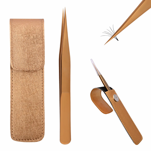 Pince à épiler de précision plaquée or avec étui en cuir, pointe lisse pour extensions de cils et soin des sourcils - Product Image 1