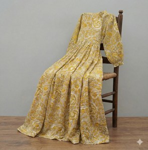 Bohemian Yellow Floral Block Print Cotton Midi <b>Dress</b> With Puff Sleeve <b>Loose</b> Fit V-Neck Summer <b>Dress</b> For Women - Product Image 2