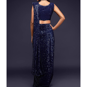 Servicio OEM al por mayor: Sarees de marca indios y pakistaníes para mujer, con apliques, de corte A, largos hasta el suelo, 100% poliéster, ideales para bodas y fiestas. - Product Image 2