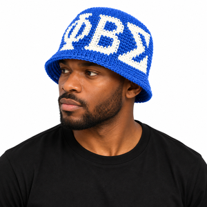 Sombrero de Pescador de Ganchillo Azul Rey y Blanco Phi Beta Sigma para Hombre, Hecho a Mano, con Letras Griegas Tejidas, Ala Ancha, Estilo Casual - Product Image 1
