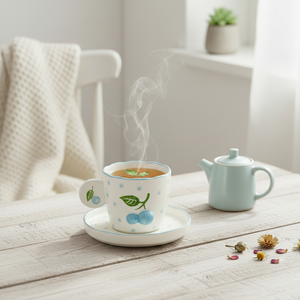 Taza y Platillo de Porcelana Fina de Primera Calidad 3460984C-0.2, Diseño Estampado con Motivos de Arándanos y Puntos - Product Image 6