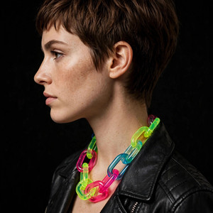 Collier en résine épaisse Paradise Craft, forme circulaire irrégulière, multicolore, transparent, rose fluo, vert, bleu, bijou tendance - Product Image 1