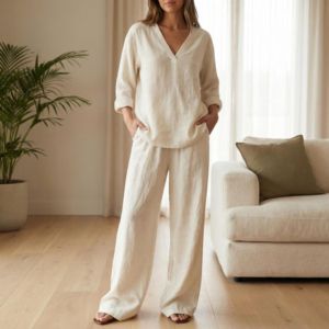 Custom Womens Linen Long Set – Breathable Long Sleeve V-Neck Top & Wide Leg Pants Casual Homewear Outfit - Product Image 2