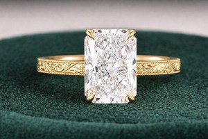 Radiant Cut <b>Diamond</b> Gold Promise <b>Ring</b> with Bezel Setting and Vintage Scroll Engraving Luxury Christian Wedding <b>Ring</b> - Product Image 2
