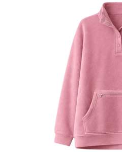 Sudadera con capucha de forro polar rosa extragrande para mujer, con cuello de botón a cuarto, bolsillo canguro, gruesa, de invierno, de fabricante - Product Image 3