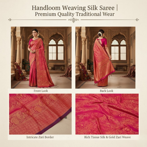 Sari de Seda Tejido a Mano para Mujer |   Ropa Tradicional de Alta Calidad para Bodas, Fiestas y Celebraciones |   Última Colección de Diseñador - Product Image 5