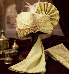 ผ้าโพกศีรษะงานแต่งงานสีเขียวมะนาวมุก ดีไซน์เนอร์ Royal Safa พร้อมผ้าไหม Kalgi สำหรับเจ้าบ่าวแบบดั้งเดิมของอินเดีย ขายส่งแบบ OEM - Product Image 5