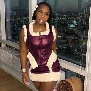 Ensemble jupe en cuir Y2K printemps automne hiver pour femmes, haut sans manches en patchwork fourrure et cuir et mini-jupe, ensemble deux pièces - Product Image 6