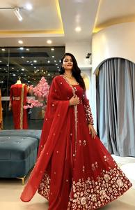 <b>Red</b> Embroidered Floor-Length Anarkali Suit Women Traditional Indian Pakistani Wedding Wear Loose Fit Polyester Dress - Product Image 2