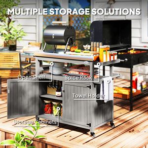 Carrello da Cucina per Esterni in Legno Massello con Piano in Acciaio Inox e Ruote, Armadietti Grigi, Carrello Resistente per Barbecue da Esterno - Product Image 5