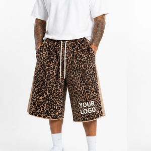 Custom Logo Leopard Print 3/4 Sweat <b>Shorts</b> Leopard Print <b>Sweatpants</b> Side Stripe Raw Hem Streetwear Jogger <b>Shorts</b> 2025 - Product Image 3