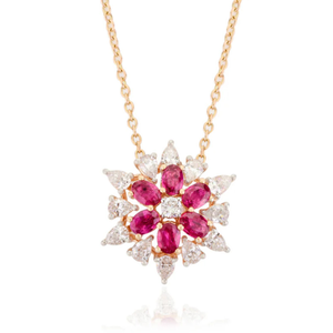 18K <b>Solid</b> Yellow <b>Gold</b> Floral Ruby <b>Pendant</b> Necklace - Product Image 2