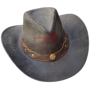 Chapeau de cowboy en cuir gris vieilli, style ranch western, avec bande cloutée, large bord, pour homme, idéal pour le rodéo et les activités de plein air - Product Image 4