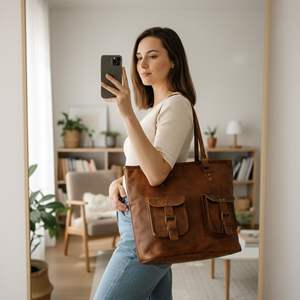 Sac fourre-tout à bandoulière en cuir véritable marron pour femme, création d'artiste, avec fermeture éclair, doublure en coton et poches pour le shopping quotidien - Product Image 5