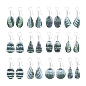 Boucles d'oreilles pendantes en jaspe zèbre vert argenté, pierre de guérison, design ovale, best-seller, pour fêtes et événements - Product Image 1