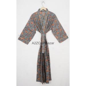 Robe Kimono en Coton Tricoté Indigo Imprimé Flock, Motif Floral Artisanal Jaipuri, Tenue Décontractée Respirante pour l'Été - Product Image 2
