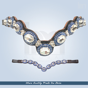 Fronture de Cheval en Cuir Premium Bleu Saphir avec Strass Halo et Design Vague Ovale – Vente en Gros pour Fabricants d'Équipements Équestres - Product Image 1