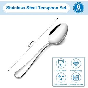 Ensemble de 6 cuillères à café en acier inoxydable de 6,7 pouces, non toxiques, robustes, pour café, thé, soupe, dessert, petites et pratiques - Product Image 3