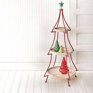 Supports de présentation de sapins de Noël à trois niveaux en métal et en bois, avec plateaux ronds et décorations étoiles pour la décoration de la maison pendant les fêtes - Product Image 3
