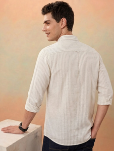 Men's Striped Linen Casual Shirt Button <b>Down</b> Collar Three Quarter Sleeve Regular Fit Spring Breathable Woven shirt - Product Image 2