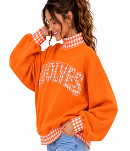 OEM ODM Women’s Oversized Heavyweight <b>Mock</b> Neck Sweatshirt Custom Plaid Gingham Patchwork Casual Varsity Pullover - Product Image 2