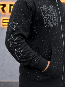 Men's Custom Made <b>Black</b> Rhinestones Pattern Zip-Up <b>Hoodie</b> With Front Logo And Star Sleeve Design Casual Streetwear Sweatshirt - Product Image 4