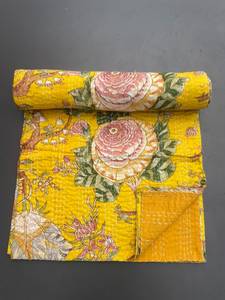 Handmade Vintage Printed <b>Quilted</b> Cotton <b>Throw</b> Blanket Yellow Floral Bohemian Style All-Season Hotel & Home Decor - Product Image 1