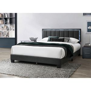 Letto matrimoniale Queen Size con illuminazione a LED, completamente imbottito, in tessuto di lana color antracite e capitonné a canale, 1 pezzo - Product Image 1