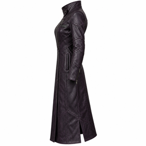 Manteau long asymétrique en cuir violet foncé sur mesure pour femme avec col montant et fermeture éclair – Fabricant OEM - Product Image 4