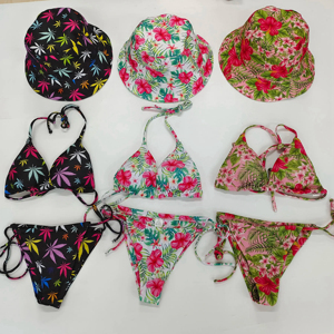 Conjunto de Bikini con Estampado Floral para Mujer, Diseño Personalizado con Logotipo, Top Halter con Lazos Laterales, Secado Rápido, Spandex, Poliéster, Traje de Baño, Ropa de Playa - Product Image 1