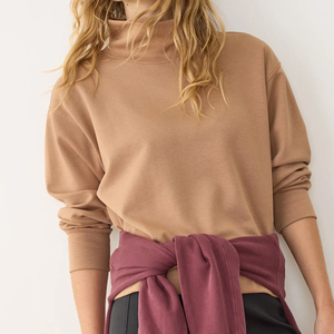 Sweat-shirt à col roulé pour femme, couleur unie, tricoté en coton et fibre de bambou, manches longues, style minimaliste, vêtement d'automne - Product Image 4