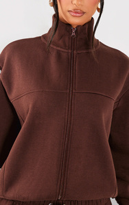 Women <b>Brown</b> Tracksuit Set Full Length Pants With Drawstring Loose Fit Casual Wear 100% Cotton Half-Zip Sweatshirt Solid Color - Product Image 5