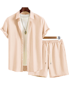 Ensemble décontracté rose pour homme, tenue d'été décontractée, coton tissé respirant, costume deux pièces - Product Image 6