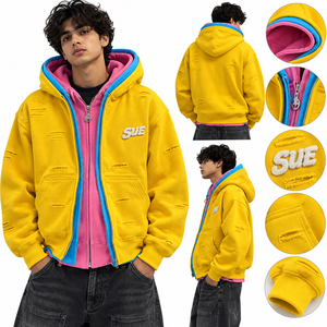 Chaqueta con capucha de poliéster personalizada para fabricantes, estilo urbano de invierno y otoño, corte cropped y holgado, con doble cremallera, triple capa y doble cremallera, a la moda. - Product Image 4