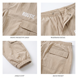 Men Windbreaker Cargo Pants Beige Elastic Waist Multiple Pockets Canvas <b>Trousers</b> Spring Wear <b>Waterproof</b> Rain Pants - Product Image 6