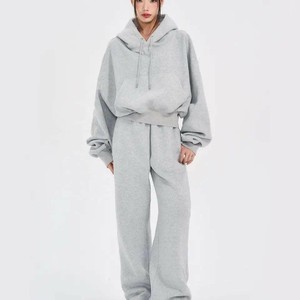 100% Cotton Gray Hooded Sweatshirt And Jogger <b>Set</b> Loose Fit Full Length Fleece Casual Women's Tracksuit Solid Color OEM ODM - Product Image 1
