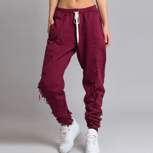 Pantalones de chándal de invierno para mujer con cordón en la cintura, efecto desgastado, de forro polar, estilo jogger, para dormir o de calle - Product Image 1