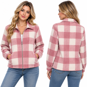 Rajputana Corporation Women <b>Pink</b> Plaid Flannel <b>Jacket</b> Zip Up Turn Down Collar Winter Fleece Coat <b>Ladies</b> Causal Winter Wear Top - Product Image 2