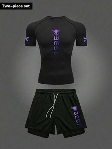 <b>Men's</b> Black <b>Compression</b> Rash Guard Short Sleeve Gym Workout Set Quick Dry Sports Kit with Purple Logo Print - Product Image 4