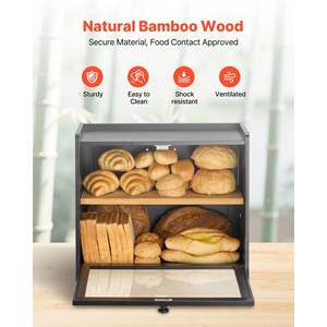 Boîte à pain en bambou à double couche de grande capacité, panneau de porte ondulé, porte-pain en bois acrylique noir pour la cuisine - Product Image 4