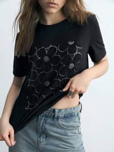<b>Top</b> Selling OEM Custom Design Logo Black Rhinestone <b>Crystal</b> Casual Solid Women's T-Shirt Cotton Blend Breathable Streetwear - Product Image 5