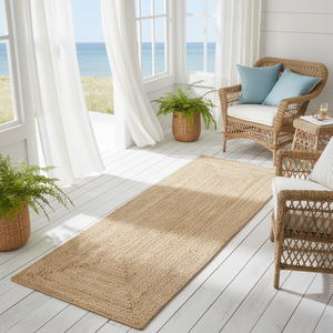 Tapis rectangulaire bohème en jute tressé, couleur unie, antidérapant, pour salon, à poils plats et fins, 100 % matériau organique - Product Image 4