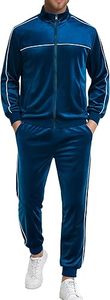Men's Blue <b>Velour</b> <b>Tracksuit</b> Full Zip Jogger Set Breathable Casual Sportswear Regular Fit Polyester Spandex Material - Product Image 4