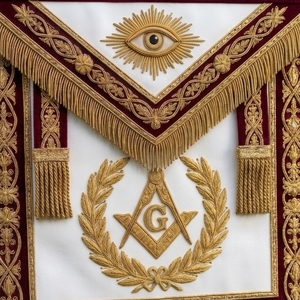 Badge maçonnique en cuir brodé or avec symboles de l'Œil qui tout voit et du Compas carré, forme carrée et décoration à franges - Product Image 6