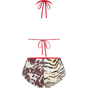 Conjunto de bikini con estampado animal para mujer, top triangular con cuello halter, parte inferior hipster, ribete en contraste, traje de baño elástico - Product Image 4