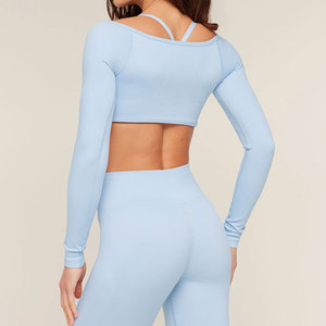 Camiseta Corta de Manga Larga para Mujer, Cuello Ancho, Transpirable, Diseño de Color Sólido, Material Personalizado, Compresión, Venta al por Mayor - Product Image 6