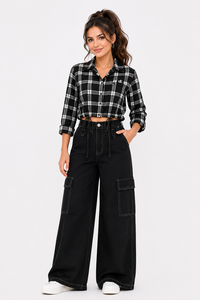 Checkered Black White women's shirt Button Down Crop Shirt <b>Long</b> <b>Sleeve</b> Casual <b>Top</b> Adjustable Hem Drawstrings Custom Logo Regular - Product Image 4