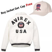 Blouson aviateur en cuir blanc pour homme Avirex, coupe-vent, fermeture éclair, col montant, logo brodé sur le devant, doublure en sherpa pour l'hiver, finition délavée