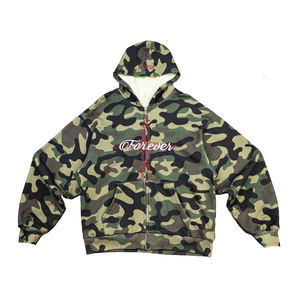 Men's Oversized Camouflage Hooded Sweatshirt Zipper Front Embroidered Forever Logo French Terry Cotton Autumn Casual Wear - Product Image 1